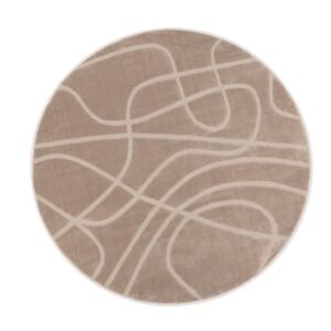 Beige Round Rug with Curved Abstract Lines